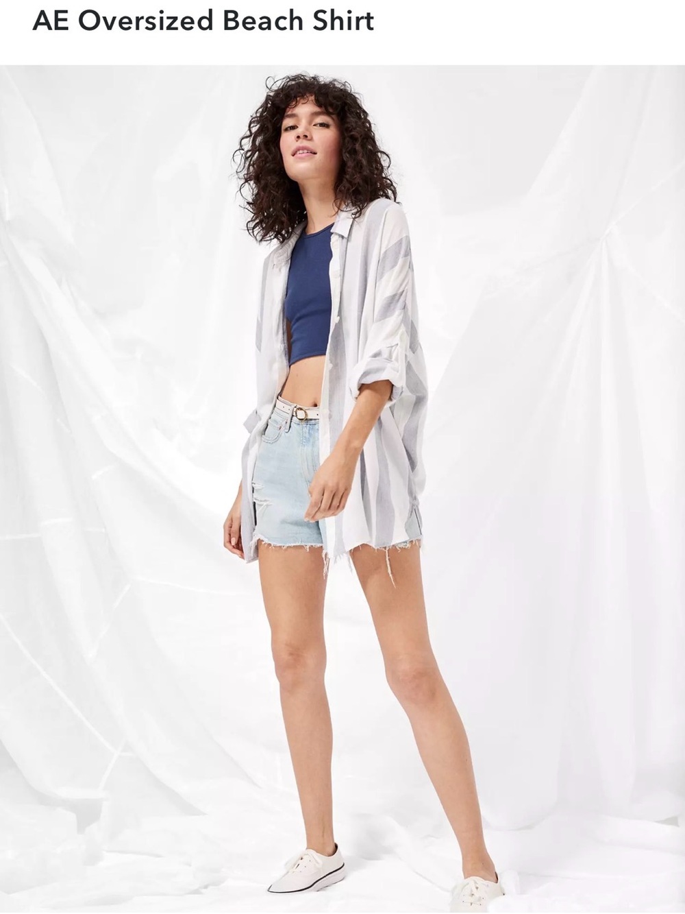 AE Oversized Striped Beach Shirt - Viscose/Linen Blend - White & Light Gray - M - Picture 4 of 13